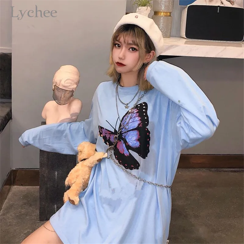 Lychee Harajuku, женская футболка с темным принтом бабочки, свободная футболка с вырезом лодочкой, женские пуловеры, топы, повседневные весенние женские футболки, футболки