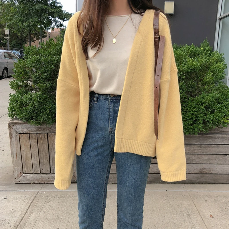 

Autumn Winter Chic Lazy Style Knitted Sweaters Women Korean Solid Color Drop Shoulder Batwing Sleeve Cardigans Female Loose Tops