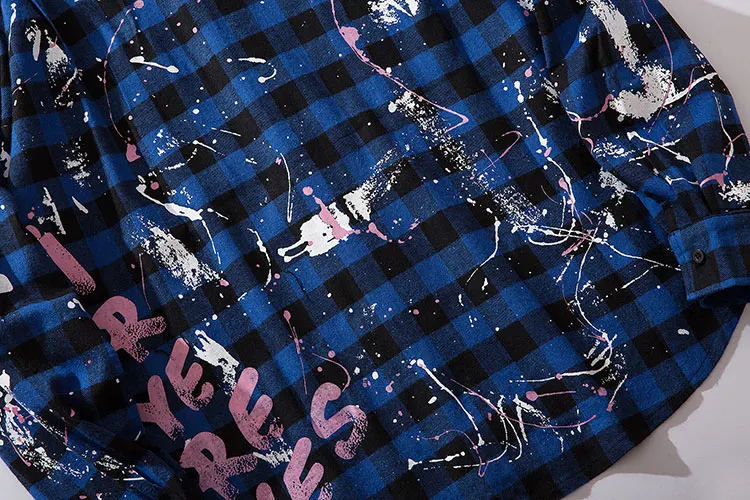 GONTHWID Harajuku граффити чернила Письмо печати плед рубашки для мужчин хип хоп хипстер панк Рок уличная рубашка модные повседневные топы Мужские