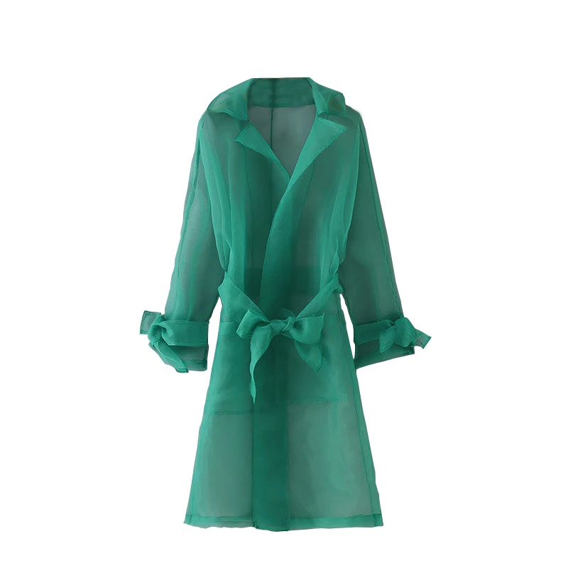 Лето Осень Фея зеленый прозрачный Тренч из пряжи Eugene Солнцезащитная одежда сексуальная Длинная Кофта свободного кроя для женщин