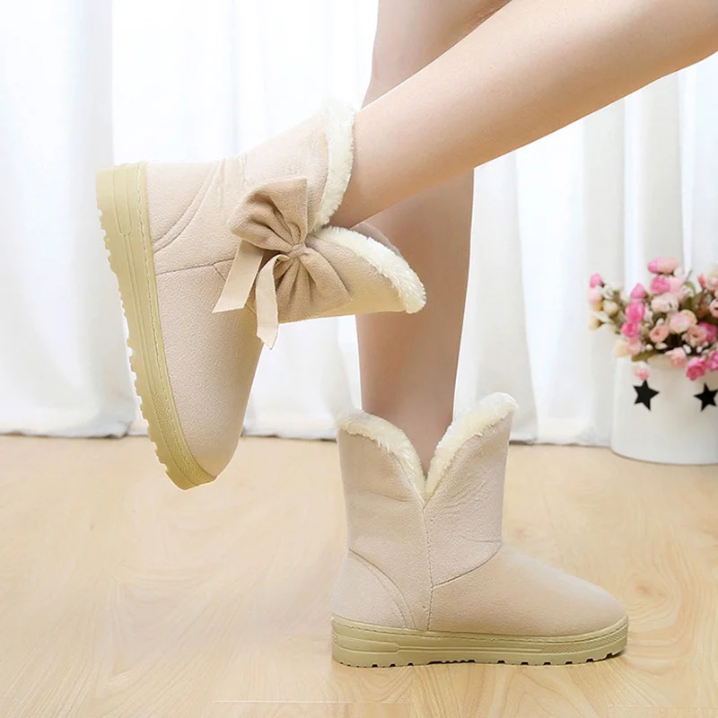 

Fashion Platform Women Snow Boots 2020 bow-knot Design Winter Fur Ankle Boot Female Warmer Plush Suede Rubber Flat Slip On Shoes