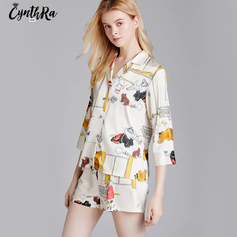 CYNTHRA 2 Piece Sleepwear 2020 New Summer Women Homewear Faux Silk France Style Pajamas Set half sleeve Pajamas Suit  Sleepwear