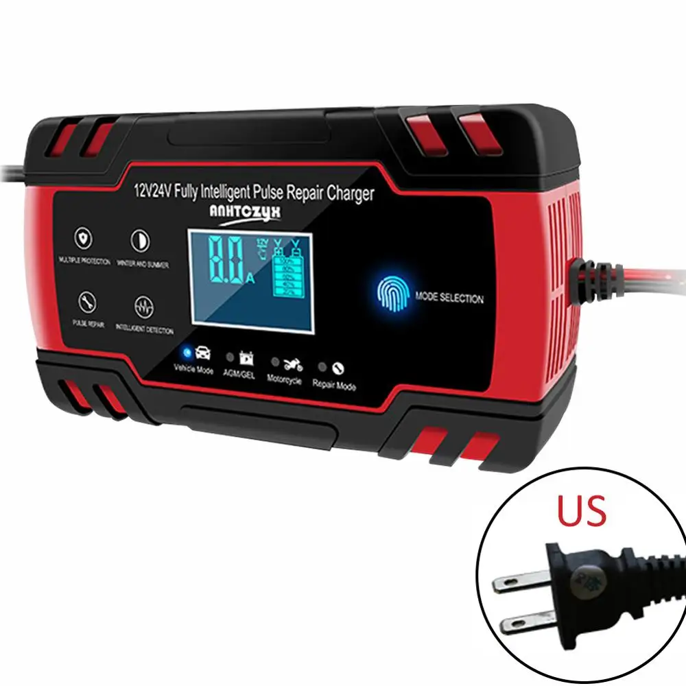 US Plug 12/24V автомобиль Батарея Зарядное устройство полностью автоматический Сенсорный экран ремонт импульса Зарядное устройство цифровой ЖК-дисплей Дисплей сухая свинцово-кислотный Батарея Зарядное устройство s - Цвет: US Plug