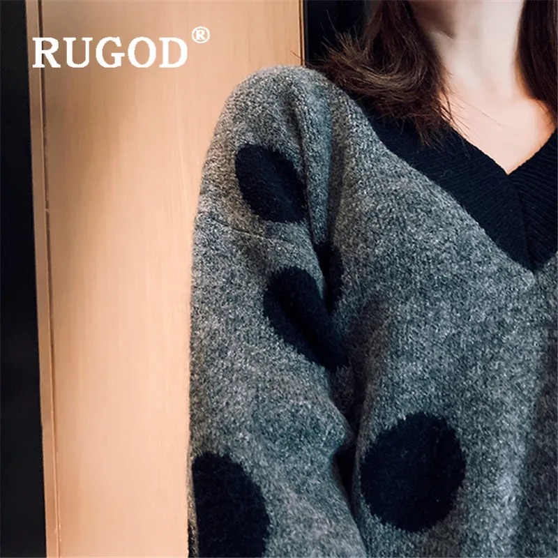 RUGOD кашемировый свитер в горошек с v-образным вырезом, вязаный пуловер размера плюс, корейский стиль, Зимние Топы для женщин