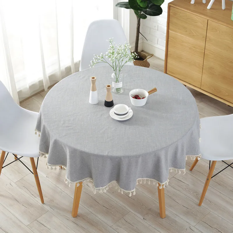 Proud Rose Japanese Style Tablecloth Simple Cotton Linen Tablecloth Round Plain Solid Color Light Gray Navy Blue Tassel Meal Cov