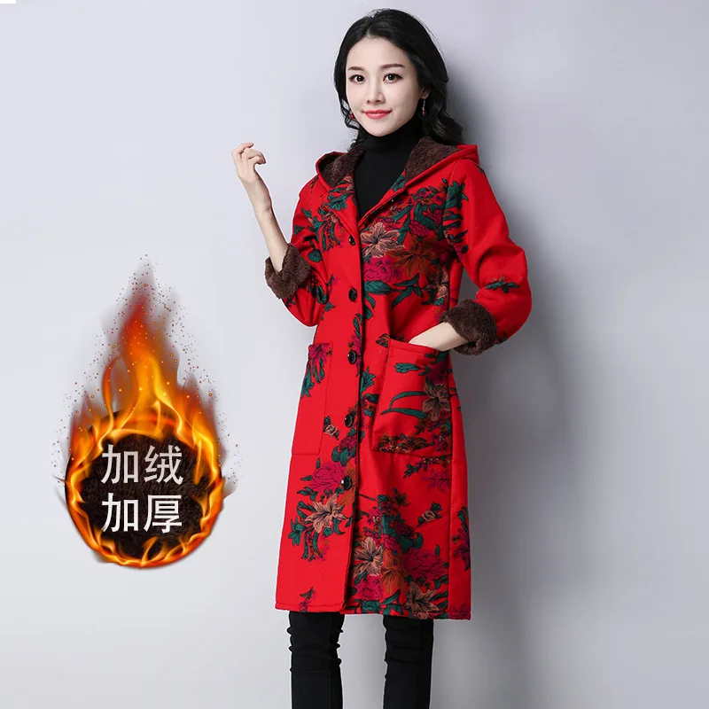 

Ethnic-Style Printed Cotton-padded Clothes WOMEN'S Coat 2019 Autumn And Winter New Style Retro Mid-length Hooded plus Velvet Lar