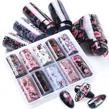 10 рулонов/коробка, фольга для ногтей, цветы, амулеты, Цветочные наклейки для переноса ногтей, набор, 3d клейкие обертывания, дизайнерские акриловые наклейки, TRXKH40-65