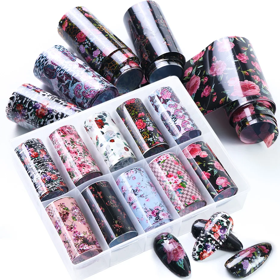 

10 Rolls/Box Nail Art Foils Flowers Charms Floral Nail Transfer Stickers Set 3d Adhesive Wraps Designs Acrylic Decals TRXKH40-65