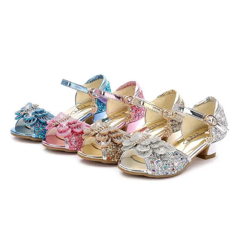 Children Sandals For Girls Weddings Girls Sandals Crystal High Heel Shoes Banquet Pink Gold Blue Glitter Leather Shoes Butterfly