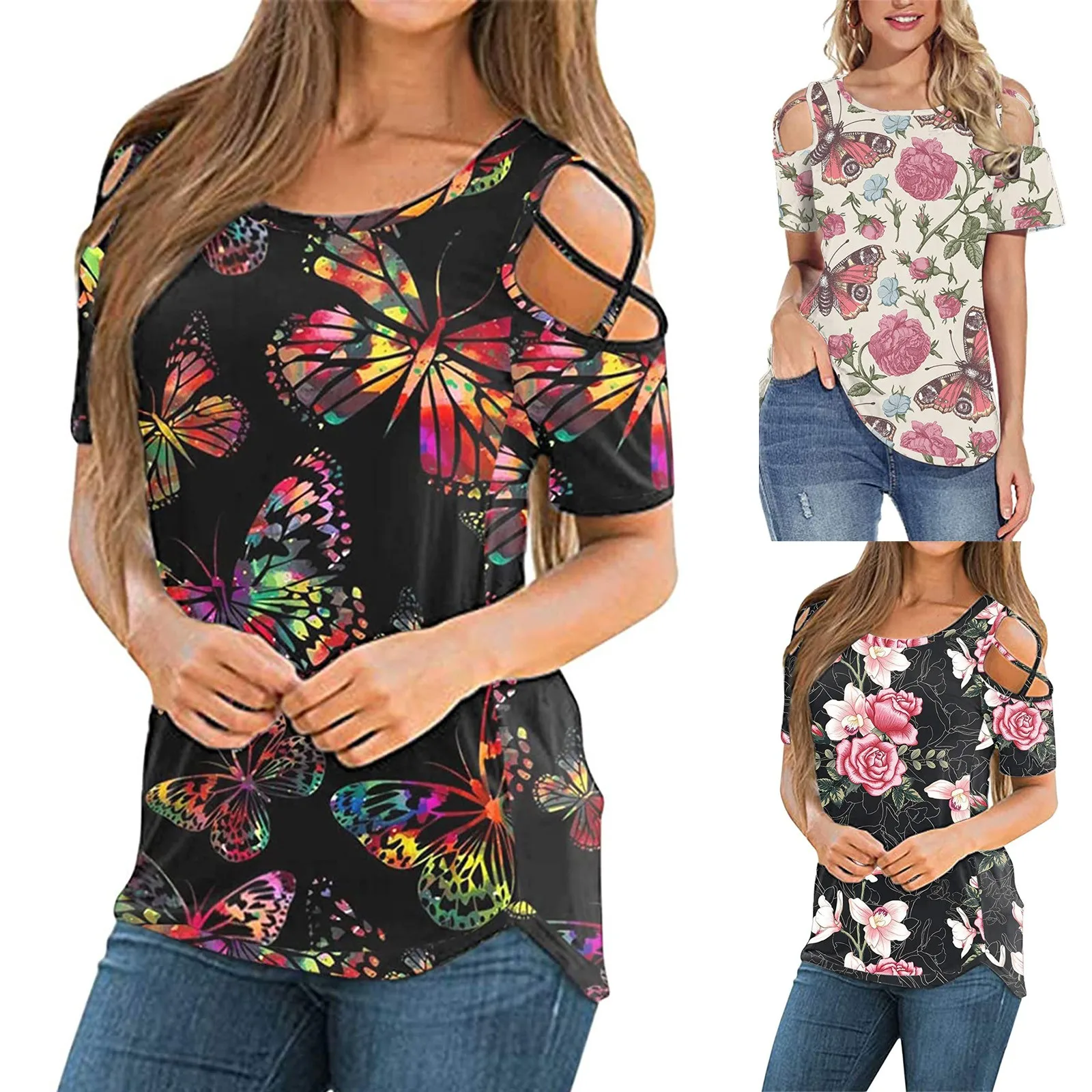 Women Flower Printed T-Shirt Casual O-Neck Off Shoulder Drawstring Short Sleeve Dependence Day Loose Plus Size T-Shirt Mujer 1