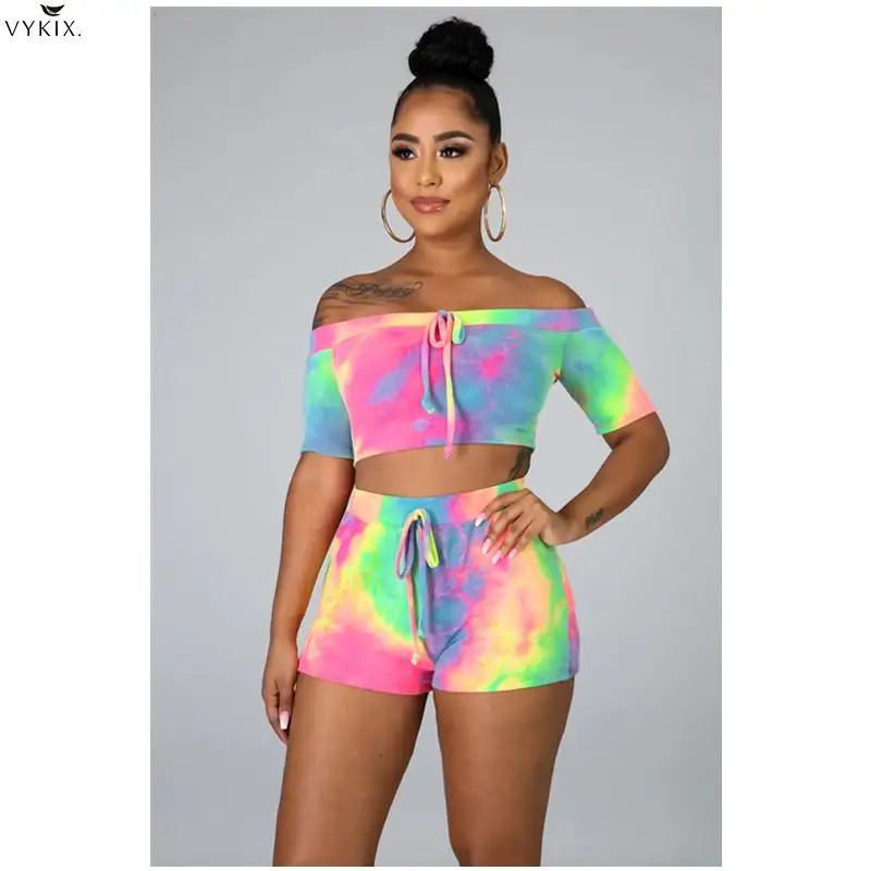 

2020 Tracksuit Women Sets Summer Slash Neck Tops+shorts Suit Two Piece Set Clubwear Party Print Streetwear Sexy Women Outfits