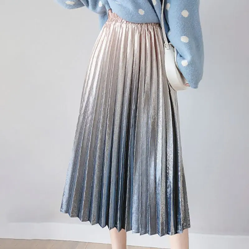 Women skirt new fashion gradient color gold velvet skirt Korean version long section long pleated high waist sweet wind casual - Цвет: P