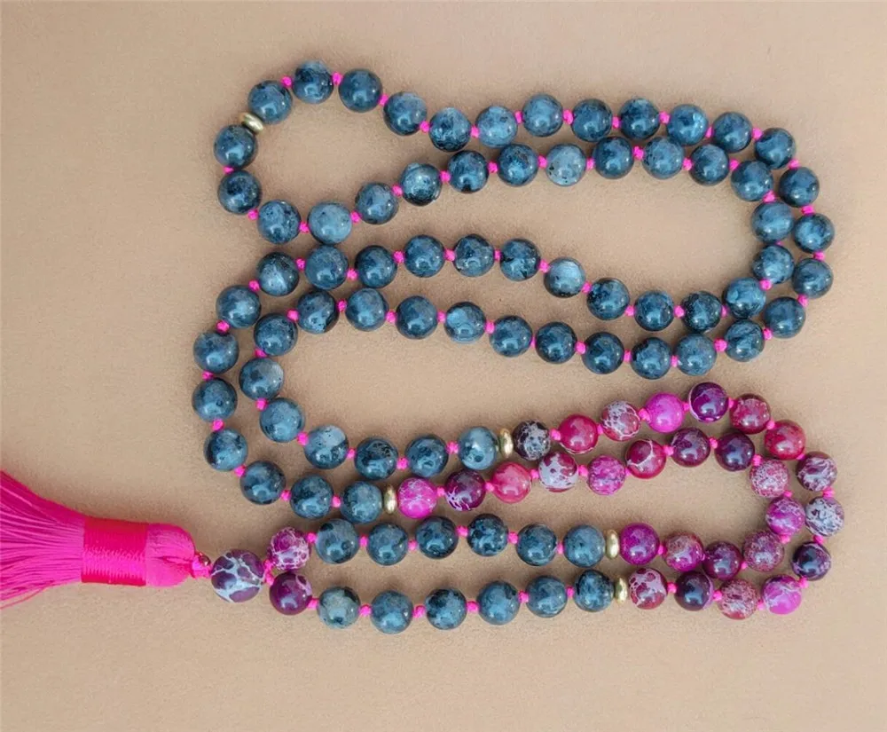 8mm Spectrolite Purple Imperial Jasper 108 Beads Tassel Knotted Necklace Colorful Chakra Healing Chic Bracelet Meditation