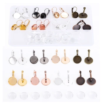 

8 Colors 12mm Round Square Earring Wire Hooks with Glass Cover Cabochon Setting Earrings Bezel Trays for Jewelry Making