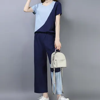 

Real Shot Summer New Cotton Linen Loose Leisure Suit Stitching Short-sleeved Shirt + 8 Points Wide Leg Pants Suit 2020