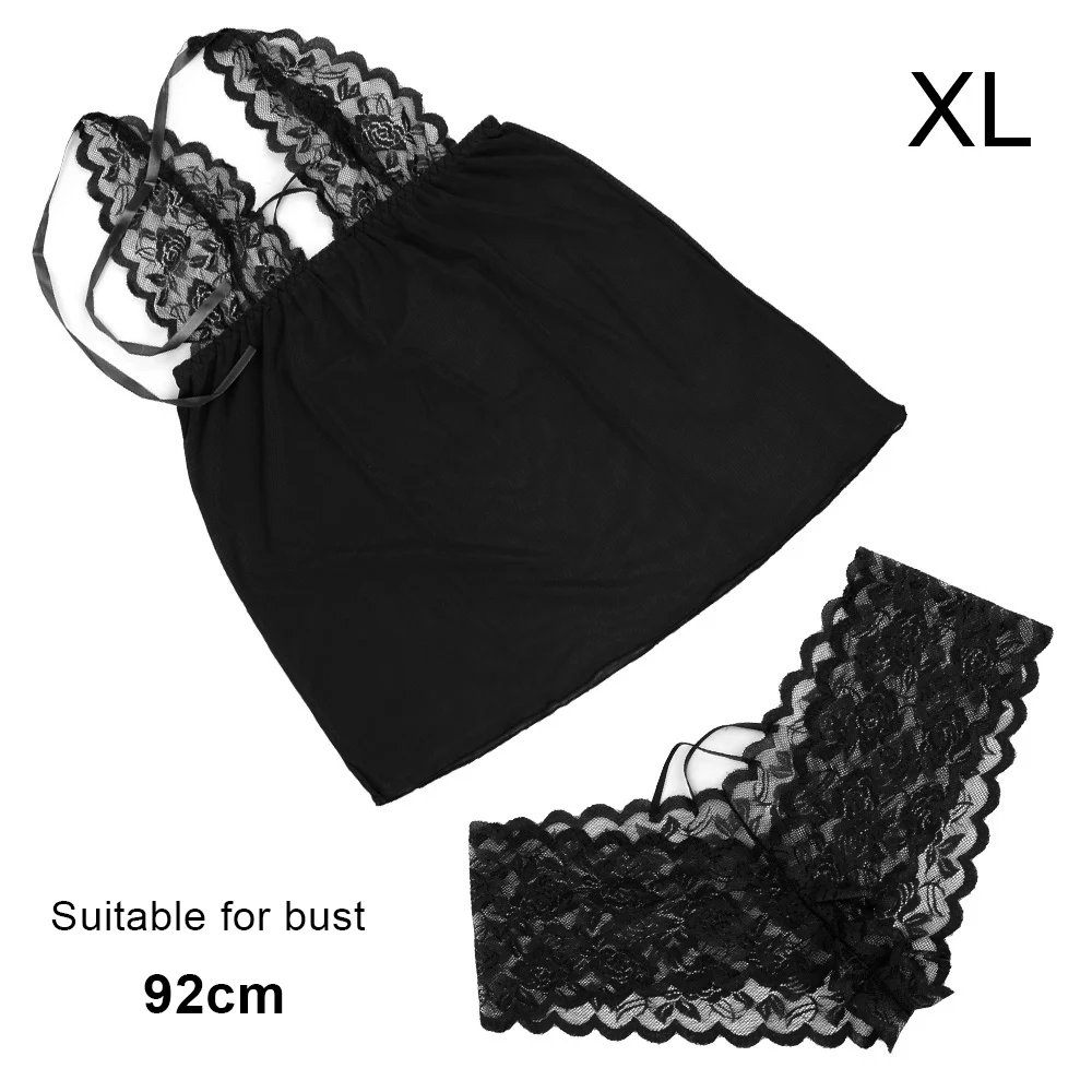 Black XL Кружевная сексуальная ночная рубашка, одежда для сна, нижнее белье-фартук+ штаны, M/L/XL, сексуальные костюмы, сексуальное белье, комплект с открытой спиной на бретелях - Цвет: Black XL