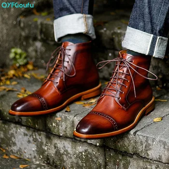 

QYFCIOUFU NEW Men's Boots Casual Martin Genuine Leather Boots Black Brown Ankle Lace-up Casual Dress Boot Vintage Men Shoes