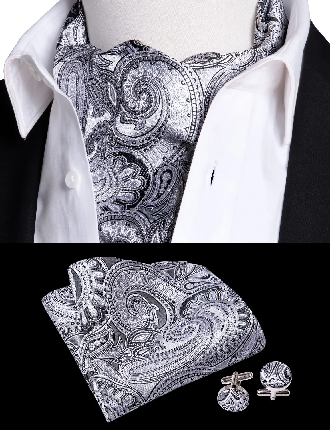 2019 Мужской комплект Ascot Серебряный Галстук Пейсли Шелковый галстук модный дизайнерский галстук модный мужской Карманный платок