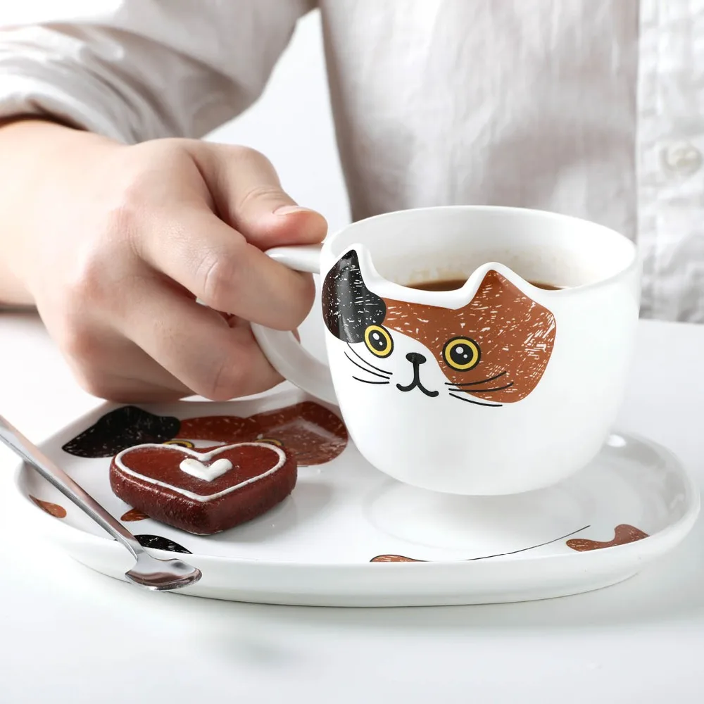 3 шт./компл. кошка Керамика Кофе чашка и блюдце с набор ложек дома Европейский стиль простой десерт Чай завтрак Tablewarr набор