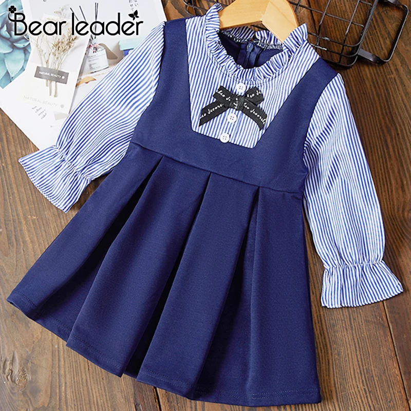 Bear Leader Girls Dress Navy Style Dress Spring Long Sleeve Puff Sleeve Princess Dresses Solid Children Dress Toddler Dresses