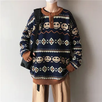 

2019 Autumn And Winter New Japanese Retro Thick Couple Sweater Fashion Casual Pattern Printing Round Neck Pullover M-2XL