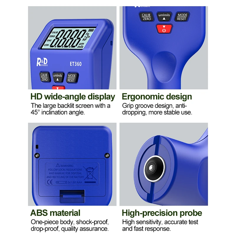 R&D ET360 Thickness Gauges for Cars 0.1 Um Fe/NFe Fe + Zn High Precision Auto Paintwork Probe Test Meter paint coating meter paint thickness gauge thickness gauge wet film thickness gauge