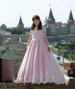 

New White Lace And Pink Tulle Flower Girl Dresses Jewel Neck With Sleeveless Puffy Pageant Gown First Communion Dresses