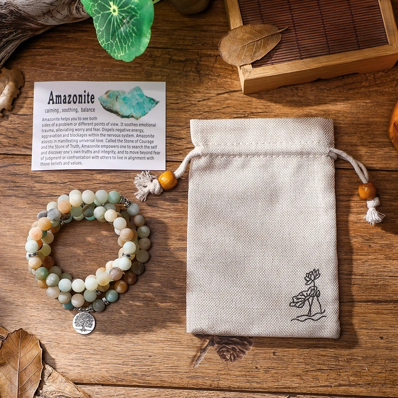 Natural Amazonite Stone Mala Prayer Bracelet or Necklace Tree of Life