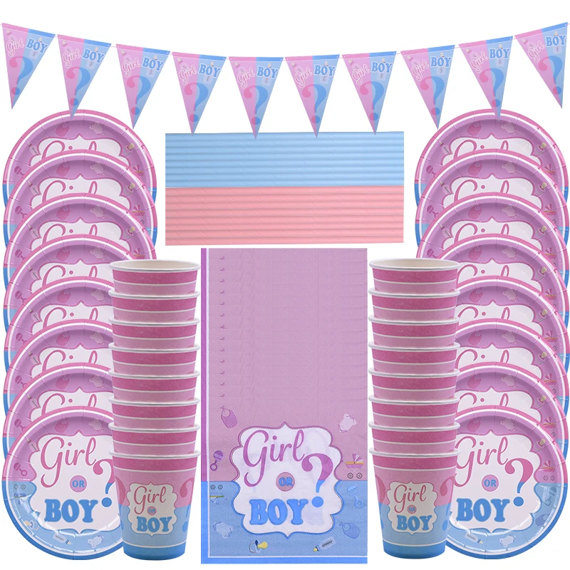 65pcs/set Gender Reveal Disposable Tableware Set Boy or Girl Paper Plates Napkins Straws Gender Reveal Party Supplies Decoration