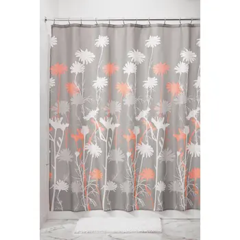 

Fabric Daizy Shower Curtain for Master, Guest, Kids', College Dorm Bathroom, 72" x 72", Gray and Coral