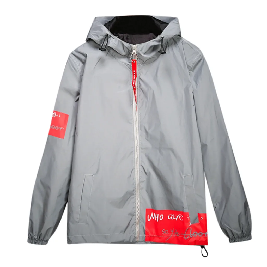 new Men's 3M Reflective Jacket Cat Hip Hop Funny Pocket hooded waterproof Men women streetwear Windbreaker Jackets Homme Coats - Цвет: Gray