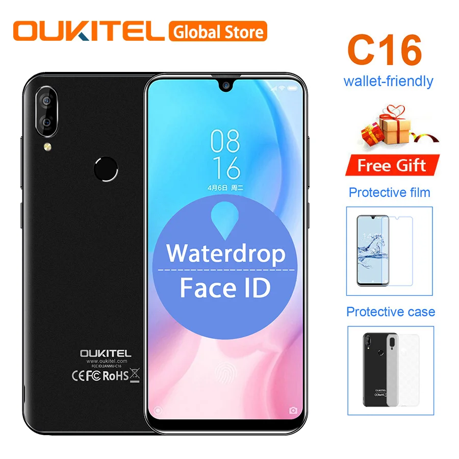 

OUKITEL C16 5.71" HD+ 19:9 WaterDrop Smartphone Fingerprint Android 9.0 MT6580P 2G RAM 16G ROM 2600mAh Unlock Mobile Phone