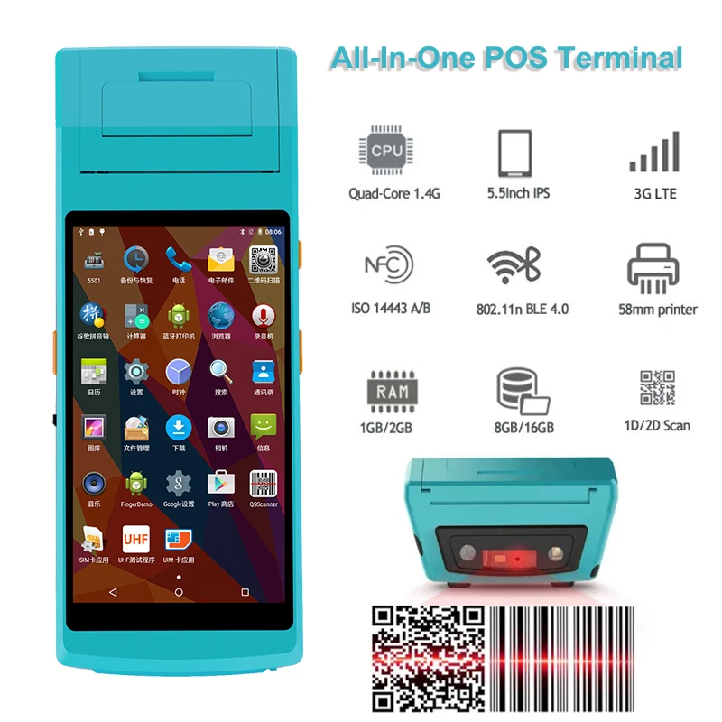 Pda Portatile Android Con Stampante Termica Integrata Palmare 2D Qr Code Scanner Di Codici A Barre Pda E Terminale Pos Stampante
