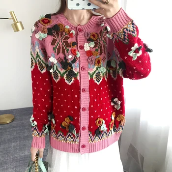 

Winter High Quality Christmas Sweaters Coats 3D Hand Crochet Flower Red Thick Oversized Sweater Sweet Girl Cardigan Jacket P-085