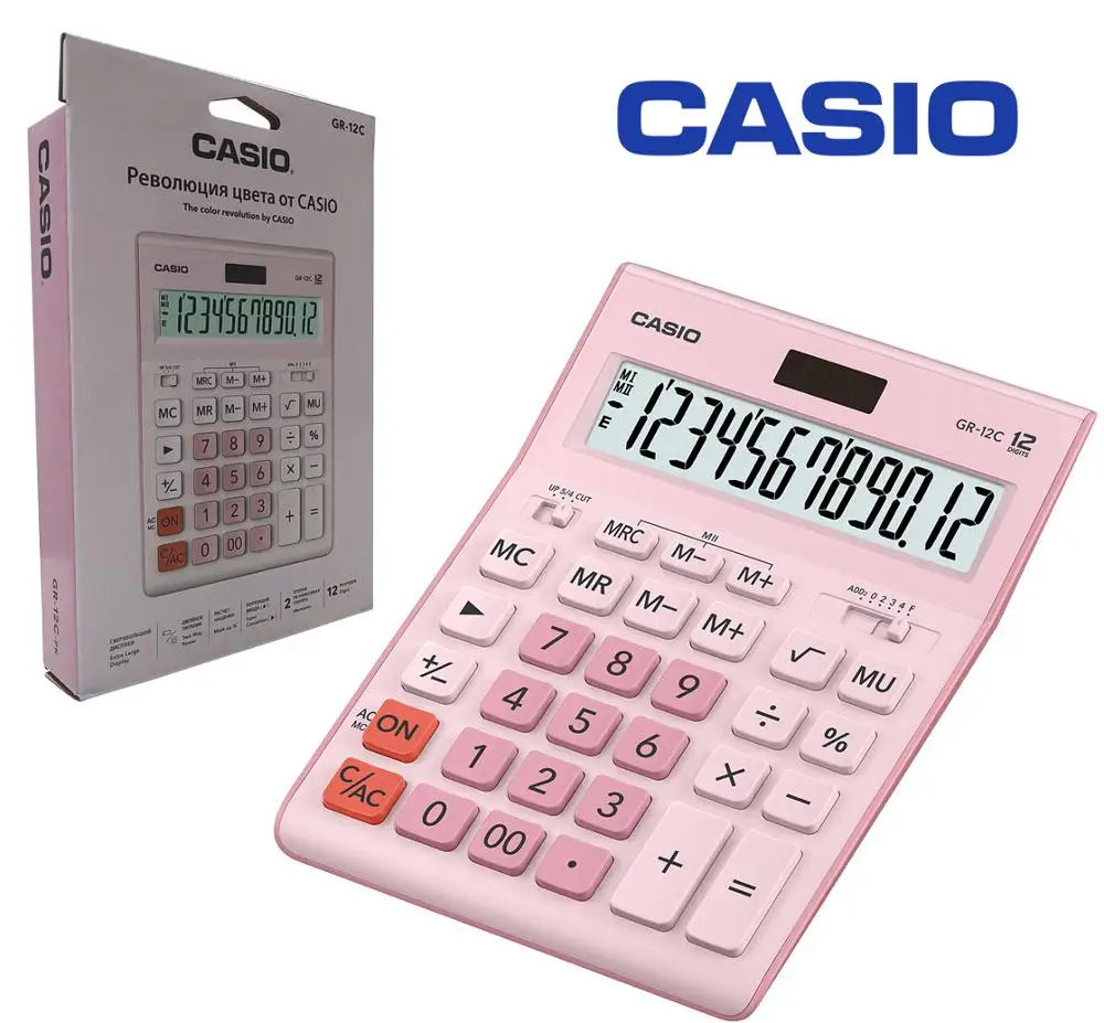 Калькулятор настольный офисный CASIO GR-12C розовый милая канцелярия 12 разрядов