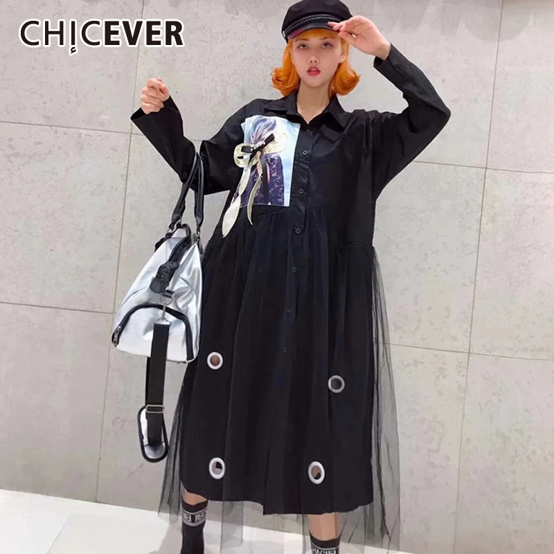 CHICEVER корейский стиль лоскутные сетчатые платья с бантом для женщин воротник