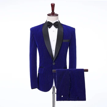 

Velvet Retro Royal Blue Stripe Men Wedding Suit Jacket With Pant 2 Piece Slim Gold Wire Business Groom Singer Blazer Outfit Tie