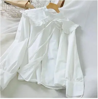 Белый Ruched Baby Doll, свободная стильная блузка с буфами на рукавах, топ, Женский Топ, однотонный, кавайная сорочка, Femme Chemisier Blusa Mujer Camisa - Цвет: Белый