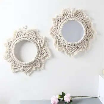 

Nordic Macrame Hanging Wall Mirror Boho Round Make Up Mirror Apartment Room Art Ornament Dorm Entryways Decoration