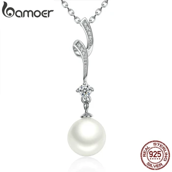 

BAMOER 100% 925 Sterling Silver Shell Pearl Wave Chain Long Pendant Necklaces Wedding Jewelry Necklace Accessories SCN048
