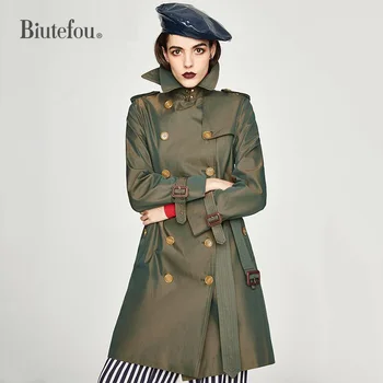 

2020 Spring and autumn women windbreaker adjustable waist double breasted slim long coats