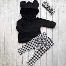 Одежда для маленьких девочек осенний детский спортивный костюм для девочек Теплая Повседневная Черная Толстовка с длинными рукавами+ клетчатые брюки+ наборы повязок на голову, 3 предмета