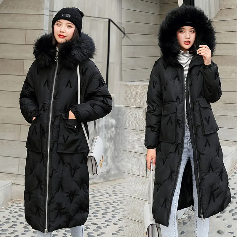 Длинное меховое пальто с капюшоном, зимнее пуховое пальто с V вышивкой, Женская куртка оверсайз, ватные парки с хлопковой подкладкой, ветрозащитные рукава - Цвет: BLACK