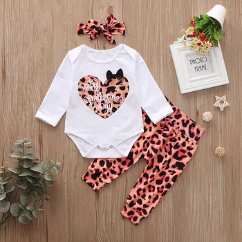 

Autumn Newborn Baby Girls Clothes Set Cotton Heart Printed T-shirt Leopard Long Pants Bowknot Headwear 3pcs Children Clothes