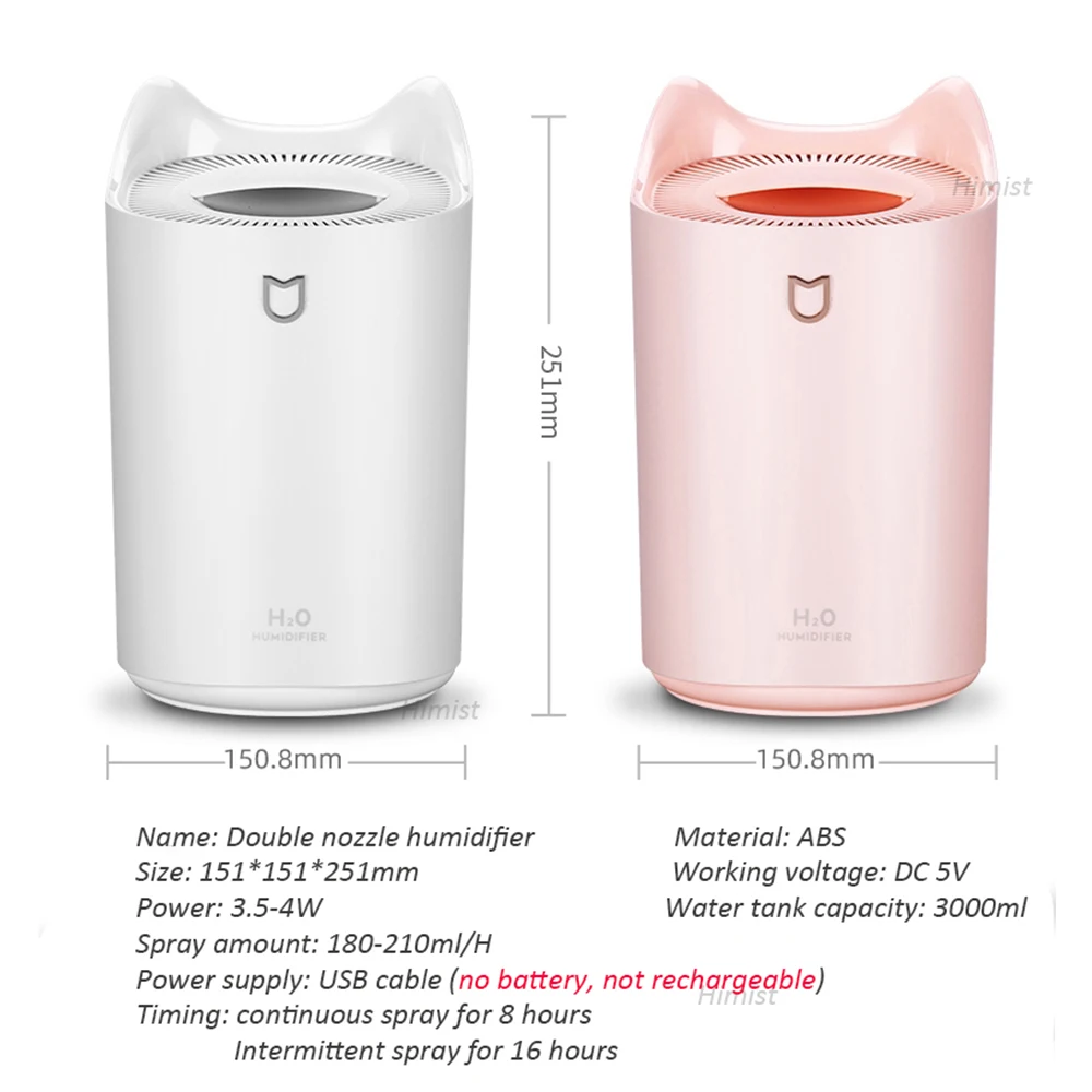 Home Air Humidifier 3000ML Double Nozzle Cool Mist Aroma Diffuser with Coloful LED light Heavy fog