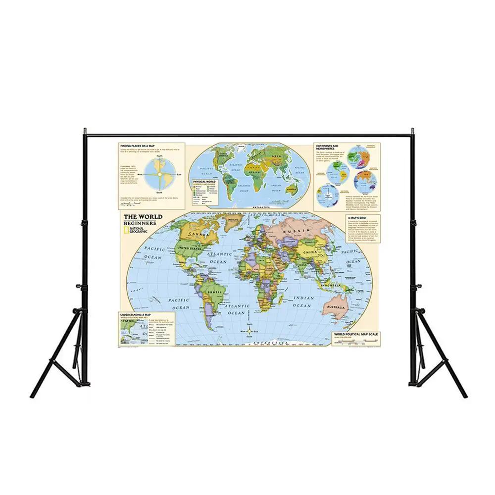 

150x225cm Non-woven Foldable World Physical Map With Detailed Label Without National Flag For Beginner