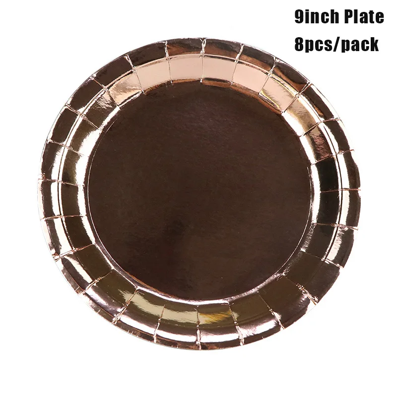 Rose Gold 9inch 16 шт./компл. твердая Серебристая бумага чашки+ тарелки для свадьбы День рождения украшения Серебряные одноразовые соломинки праздничные вечерние поставки - Цвет: Rose Gold 9inch
