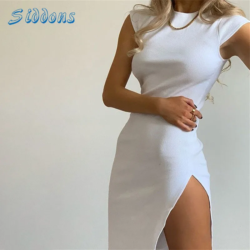 

SIDDONS Dress Women Side Split Thigh Slip Shortsleeve Dress Summer Sexy Night Party Dresses Mini Dress Package Hip Dress Vestido