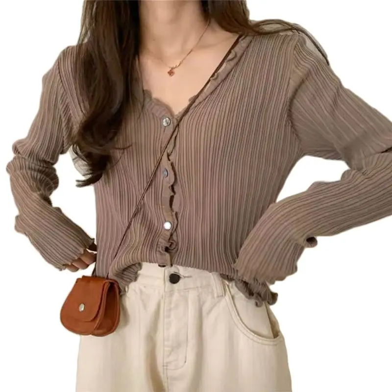 Cárdigan de manga larga con protección solar para mujer, Top de punto acanalado con volantes, corto suéter con botones, prendas de vestir con cuello en V de Color sólido