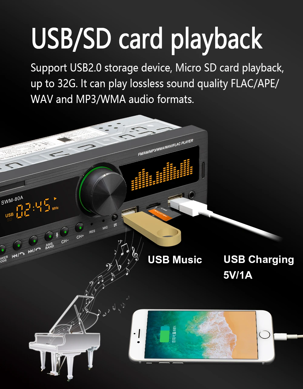 Bluetooth Авторадио Стерео радио FM Aux вход приемник SD USB SWM 80A 12V In dash 1 din автомобильный MP3